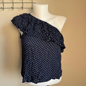 American Eagle One Shoulder Asymmetric Crop Top Polka Dot Blue Sz Small Preppy